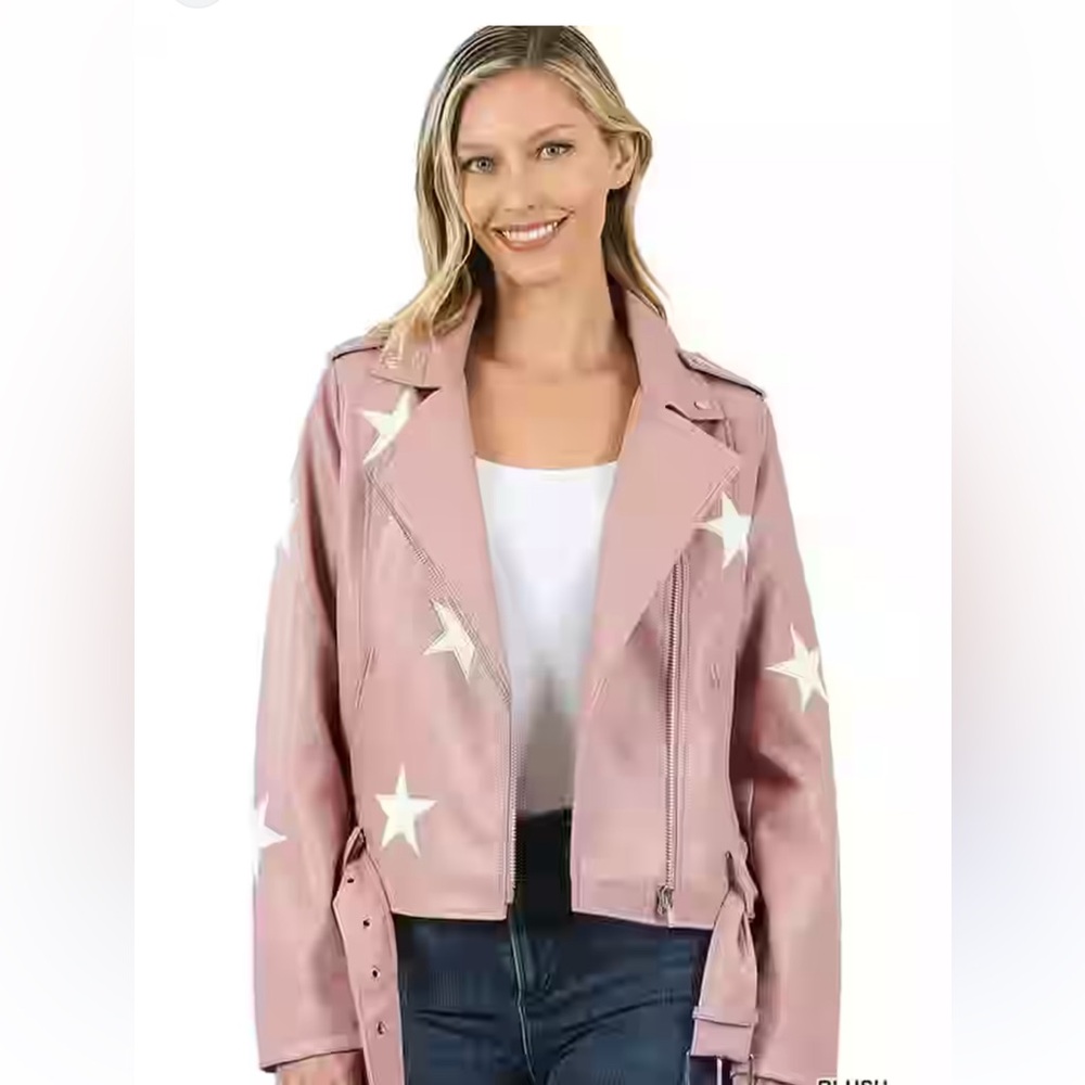 Zenana Blush Star Moto Belted Jacket Size Small